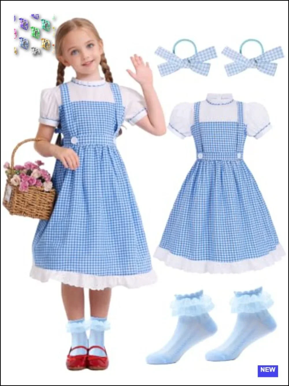 Girls Princess Halloween Costume Set with Headpiece and Socks, Blue Dress